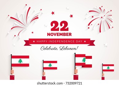 22 November. Lebanon Independence Day greeting card.   Celebration background with fireworks, flags and text. Vector illustration