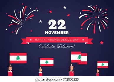 22 November. Lebanon Independence Day greeting card.   Celebration background with fireworks, flags and text. Vector illustration