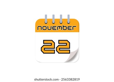 22 November month single day vector, illustration, calendar with yellow, black and white color background calendar November 22