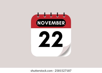 22 November month single day vector, illustration, calendar with rose red, black and off-white color background calendar November 22