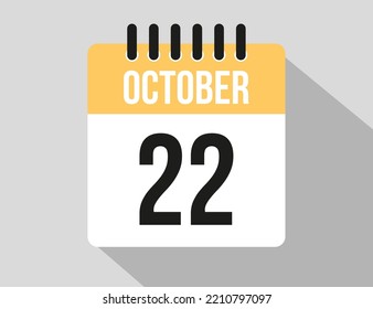 22 October calendar vector icon. Yellow october date for the days of the month and week