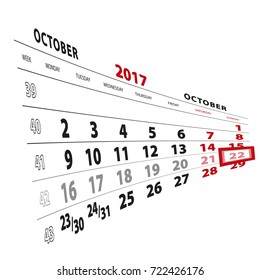 22 October highlighted on calendar 2017. Week starts from Monday. Vector Illustration.