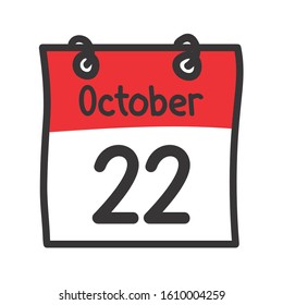22 October. Vector flat daily calendar icon. Date and time, day, month. Holiday