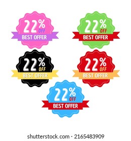 22% off, best Set of different discount promotion badges Vector graphic illustration design