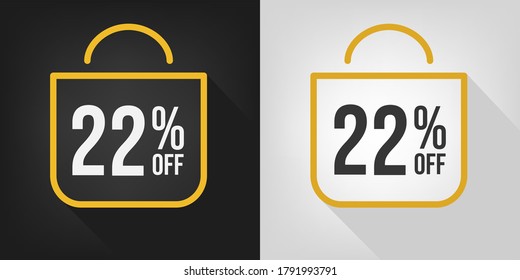 22% off. Black, white and yellow banner with twenty-two percent discount. Shopping bag concept vector.