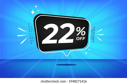 22% off. Blue banner with twenty-two percent discount on a black balloon for mega big sales.