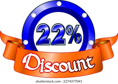 22% off, blue disk and orange ribbon, vector illustration for wholesale and retail, illustrative art, beautiful illustration, vector. God is good!