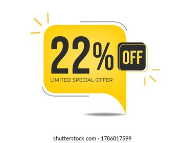 22% off limited special offer. Banner with twenty-two percent discount on a yellow square balloon.