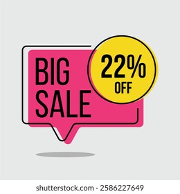 22% off limited time offer or discount banner - Big Sale pink tag with yellow twenty-two percent circle on light gray background. Illustrated tag, vector, for promotion.