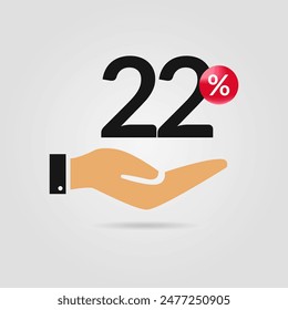 22% de descuento en promoción. 22% de descuento con icono de mano. Símbolo de venta. Descuento en composición creativa. Ilustración vectorial.