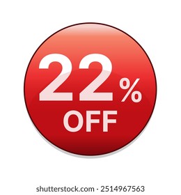 22% de desconto botão vermelho. Vinte e dois por cento de desconto na venda de compras emblema em vermelho. Símbolo de oferta especial. Ilustração vetorial.