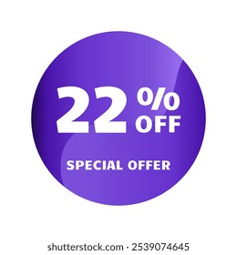 22 % Rabatt. 22 Prozent Rabatt, Sonderangebot. Design-Vorlage für Rabattverkaufsbanner. Rabattmarkierung. Vektorgrafik. Purple Design.