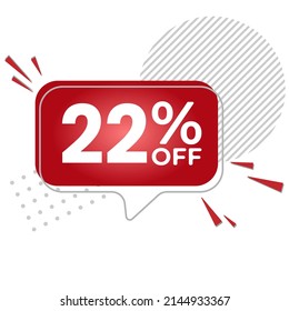 22% off. White background with 22 percent discount on a red balloon for mega big sales. 22% sale