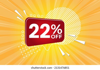 22% off. Yellow banner with 22 percent discount on a red balloon for mega big sales. 22% sale