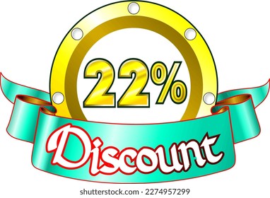 22% de descuento, disco amarillo y cinta verde, ilustración vectorial para mayorista y minorista, arte ilustrativo, ilustración hermosa, vector. ¡Dios es bueno!