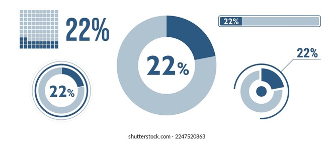 22 percent loading data icon set. Twenty-two circle diagram, pie donut chart, progress bar. 22% percentage infographic. Vector concept collection, blue color.