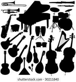 22 pieces of detailed vectoral musical instrument silhouettes.