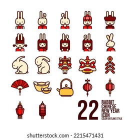 22 Rabbit Chinese New Year Icon Set In Color Outline Style