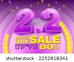 2.2 sale day poster or banner template with 3d text number 2 on purple background. Special campaign offers up to 80% off advertising design social media online shopping.