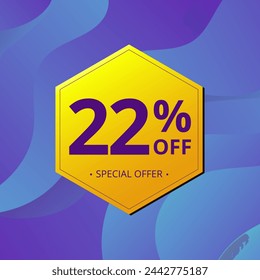 22% Sale and Discount Label. Twenty two percent Sale Discount label Geometric design. Abstract Blue and Yellow Hexagon. Vector illustration.