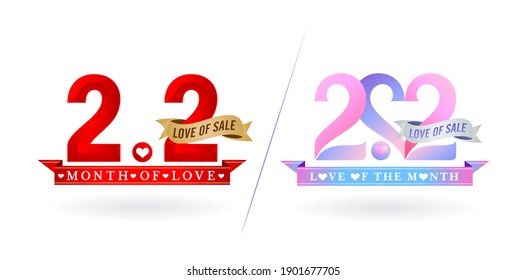 2.2 sale, 2.2 online sale, Month Of Love Sale gradient red with golden ribbon and pink purple with silver ribbon for poster or flyer design, social media banner, online shop promotion, web banner.
