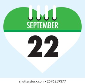 22 September calendar icon green heart shape on light sky blue color background, calendar vector symbol for the month of September.