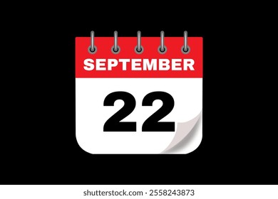 22 September calendar icon text page monthly web design on red, white and black background vector, icon, or illustration with the month of September 22