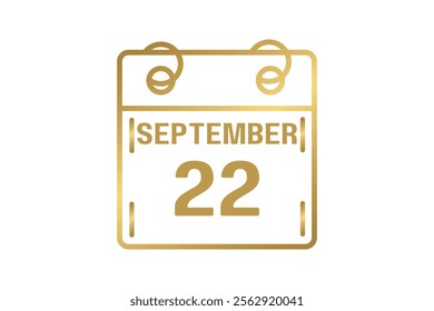 22 September calendar icon text page monthly web design on golden and white background vector, icon, or illustration with the month of September 22