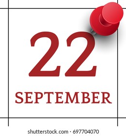 22 September. Daily calendar with red push pin vector illustration.