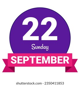 22 de septiembre, domingo. Plantilla de fecha. Diseño útil para la promoción de calendarios o eventos. Ilustración vectorial Archivo EPS 10. Aislado sobre fondo blanco. 