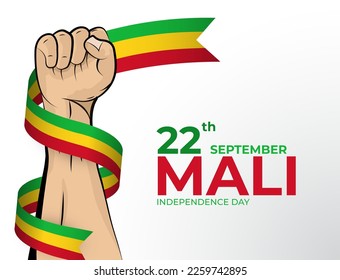 22 September. Vector illustration of Happy Independence Day greeting card for the country of Mali with clenched fists and a flag ribbon. Use for banners on a white background.
