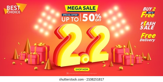 2.2 Shopping day Poster or banner with gift box on red background.Sales banner template design for social media and website.February 2 Special Offer Sale 50% Off campaign or promotion.