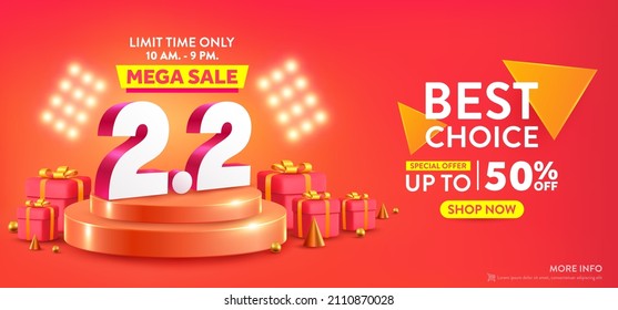 2.2 Shopping day Poster or banner with gift box on red background.Sales banner template design for social media and website.February 2 Special Offer Sale 50% Off campaign or promotion.