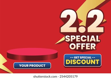 2.2 Special Offer sale banner with a red background, featuring a product display stage, lightning accents, and a ‘Get Special Discount’ button.