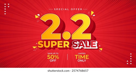 2.2 super sale promo banner with discount offer. 1.1 discount flash sale background. Flash sale special offer banner for social media post or website banner. Flash sale campaign