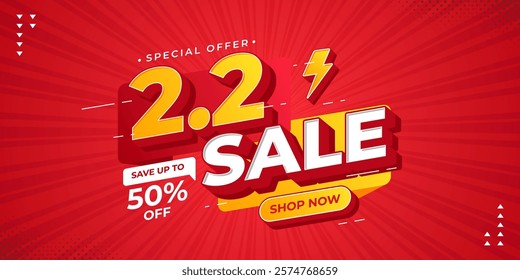 2.2 super sale promo banner with discount offer. 1.1 discount flash sale background. Flash sale special offer banner for social media post or website banner. Flash sale campaign