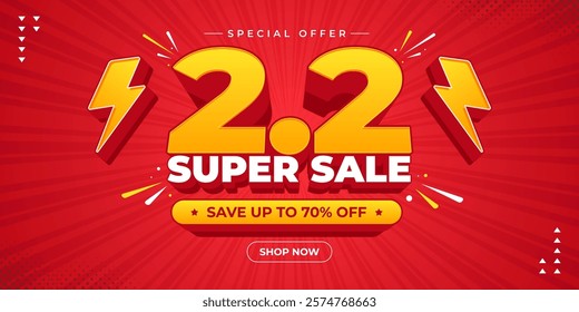 2.2 super sale promo banner with discount offer. 1.1 discount flash sale background. Flash sale special offer banner for social media post or website banner. Flash sale campaign