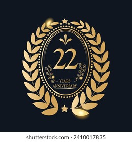 22 Th Years Anniversary celebration. Vector Template festive illustration Golden Color,. Birthday or wedding party event decoration.