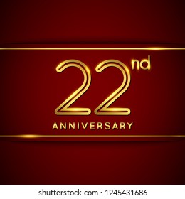 22 / Twenty Two Years Anniversary Logo with Shiny Golden Number on Red Background Isolated. 22nd Celebration Event. Can Use for Poster, Invitation and Greeting Card. Easily Editable Vector.