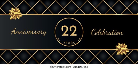 22 Year Anniversary Celebration with Gold Bow for Celebration Events, Wedding, greeting card, birthday party, and Invitation Isolated on Black Background. 22 Years Anniversary Logotype Vector