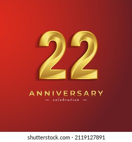 22 Year Anniversary Celebration with Golden Shiny Color for Celebration Event, Wedding, Greeting card, and Invitation Card Isolated on Red Background