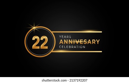 22 Year Anniversary Celebration Golden and Silver Color with Circle Ring for Celebration Event, Wedding, Greeting card, and Invitation Isolated on Black Background