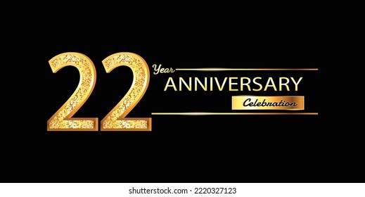 Celebración del 22 Aniversario Diseño vectorial. Celebración del 22° Aniversario. Banner de lujo de oro de la celebración del 22° Aniversario con brillantes 3D. Aniversario del vector