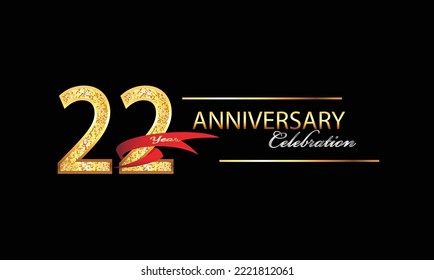 22 Year Anniversary celebration Vector Design. 22nd Anniversary celebration. Gold Luxury Banner of 22nd Anniversary celebration with red ribbon and glitter. Background celebration. Vector anniversary