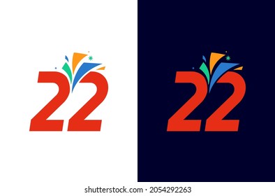 22 year anniversary firework logo design. Number celebration with colorful spark. Simple icon for carnival or festival