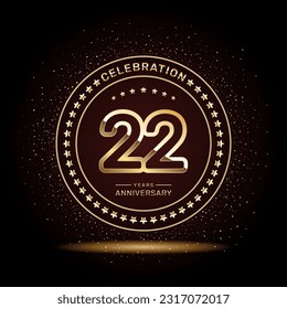 Diseño del logo de 22 años con números de doble línea en color oro, plantilla vectorial