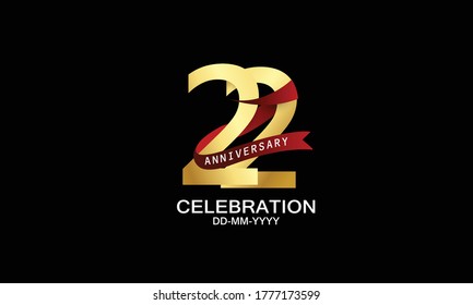 22 year anniversary red ribbon celebration logotype. anniversary logo with Red text and Spark light gold color isolated on black background, design for celebration, invitation - vector