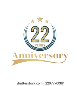 22 Year Anniversary Vector Template Design Illustration. Gold And Blue color design with ribbon