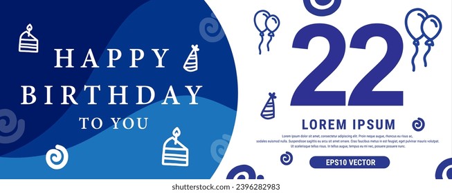 Celebración de 22 años Creative Happy Birthday Text. Diseño de banner decorativo de color azul, ilustración vectorial.