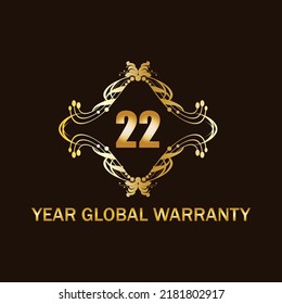 22 Year global warranty vector art illustration with gold color with fantastic font and white background
